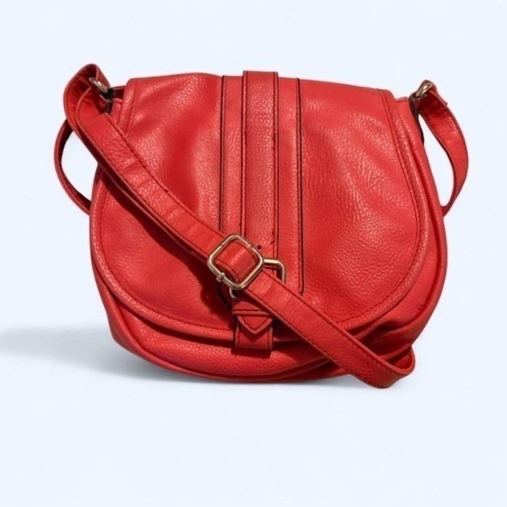 Indie Sleaze Coral Red Faux Leather Buckle Flap Crossbody Saddle Bag